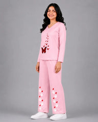Women V-Neck Lounge Wear | Red Butterfly - Baby Pink