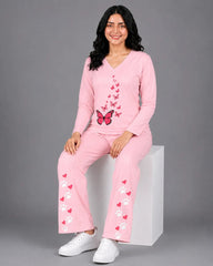 Women V-Neck Lounge Wear | Red Butterfly - Baby Pink