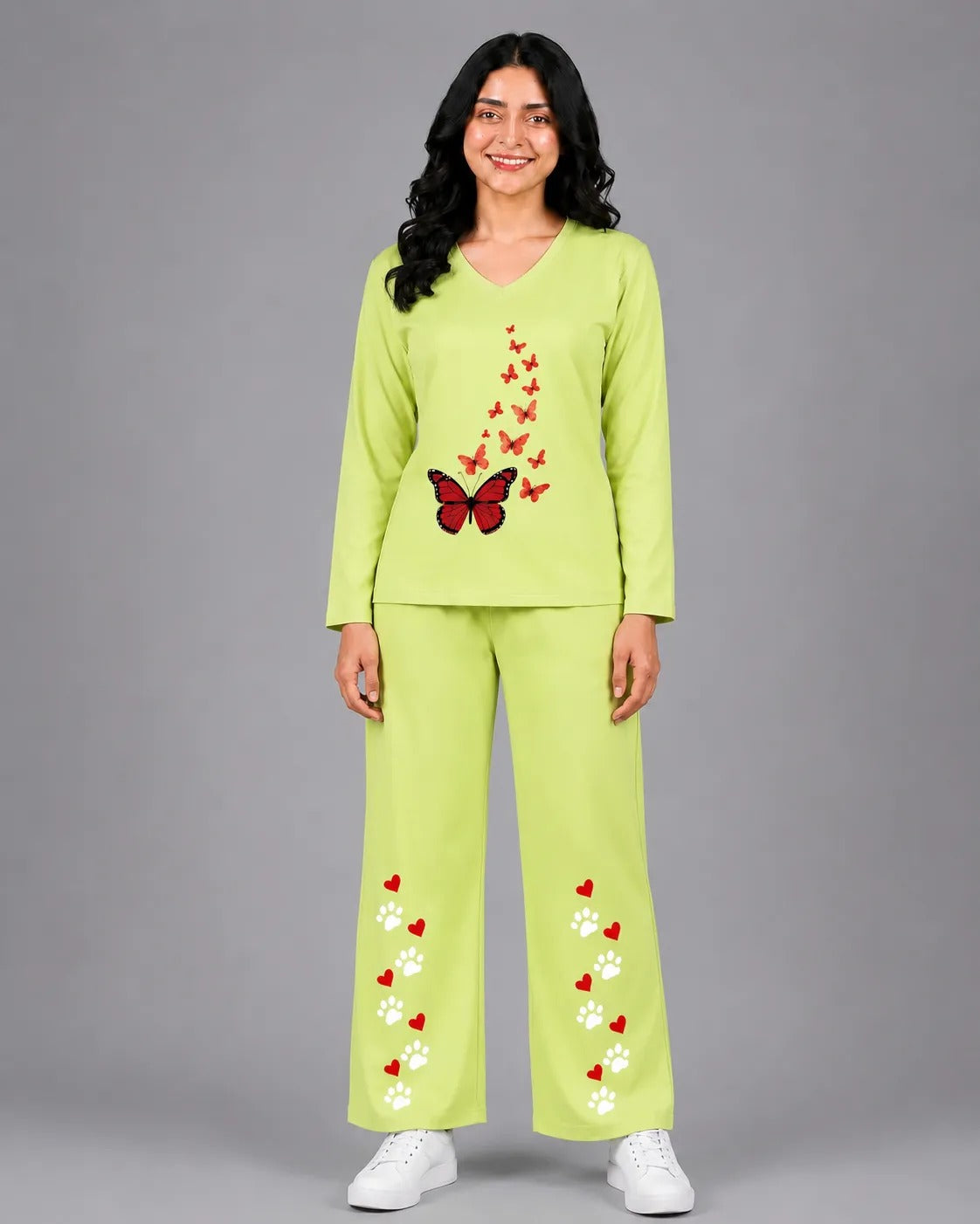 Women V-Neck Lounge Wear | Red Butterfly - Lemon Yellow