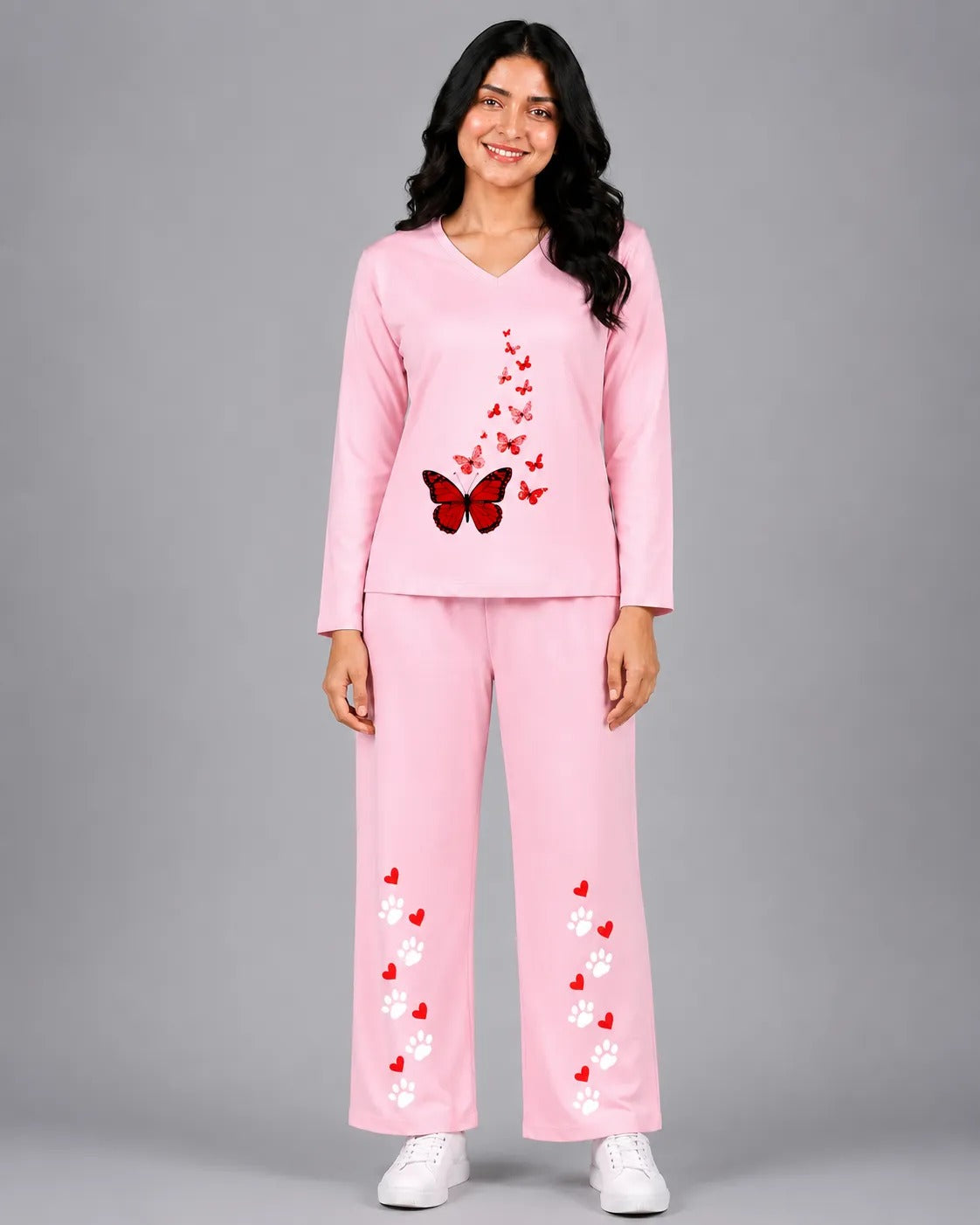 Women V-Neck Lounge Wear | Red Butterfly - Baby Pink