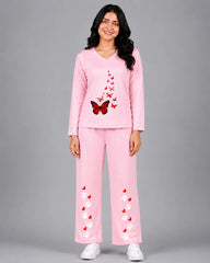 Women V-Neck Lounge Wear | Red Butterfly - Baby Pink