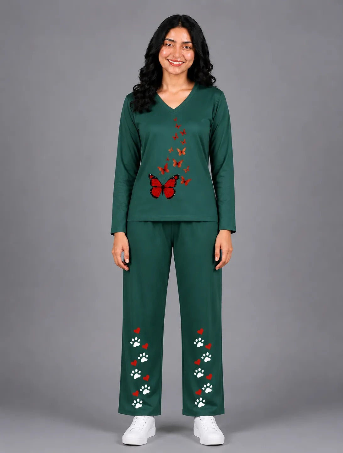 Women V-Neck Lounge Wear | Red Butterfly - Sherwood Green