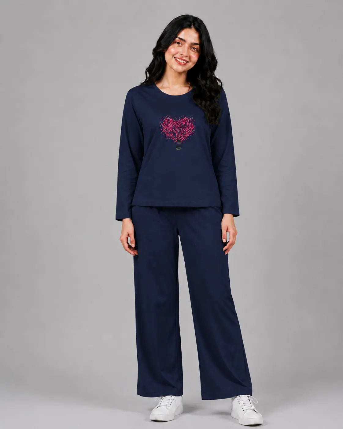 Women Round-Neck Lounge Wear | Tree Heart - Navy Blue