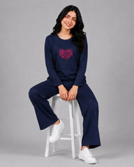 Women Round-Neck Lounge Wear | Tree Heart - Navy Blue