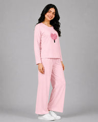 Women Round-Neck Lounge Wear | Tree Heart - Baby Pink