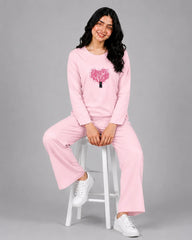 Women Round-Neck Lounge Wear | Tree Heart - Baby Pink