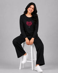 Women Round-Neck Lounge Wear | Tree Heart - Black