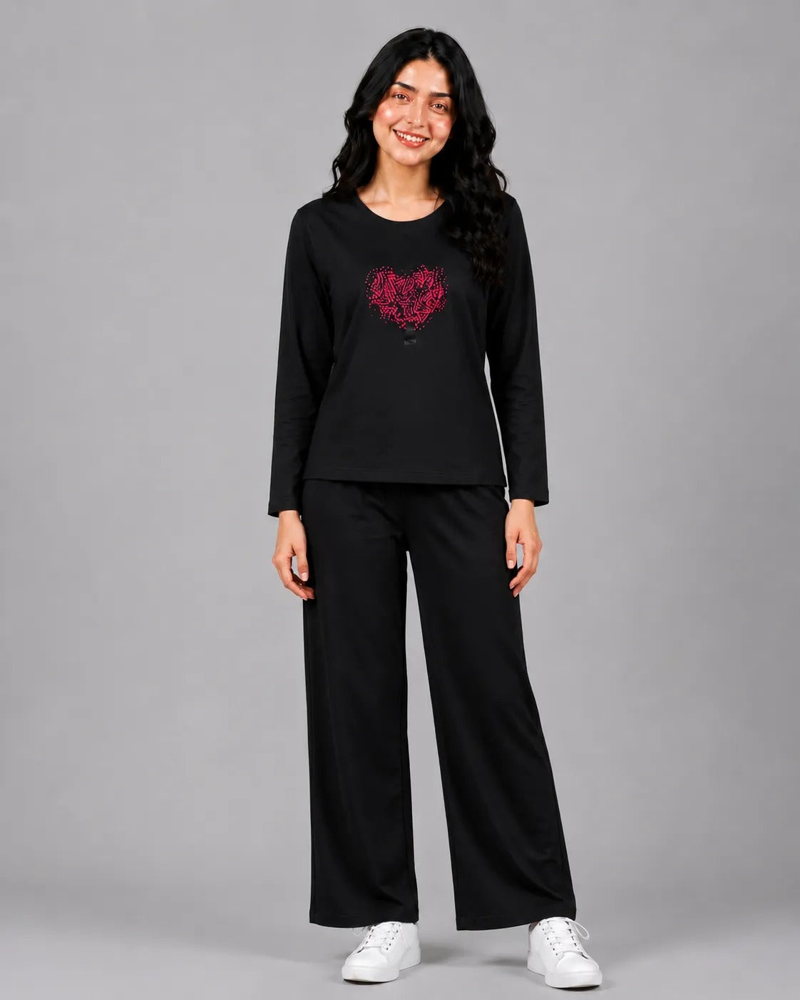 Women Round-Neck Lounge Wear | Tree Heart - Black