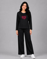 Women Round-Neck Lounge Wear | Tree Heart - Black