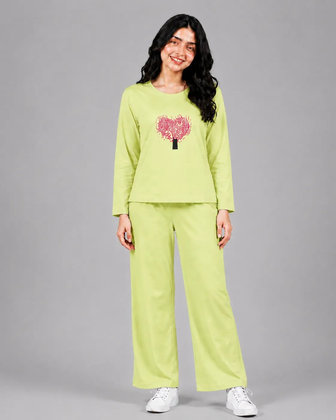 Women Round-Neck Lounge Wear | Tree Heart - Lemon Yellow