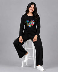 Women Round-Neck Lounge Wear | Love Color - Black