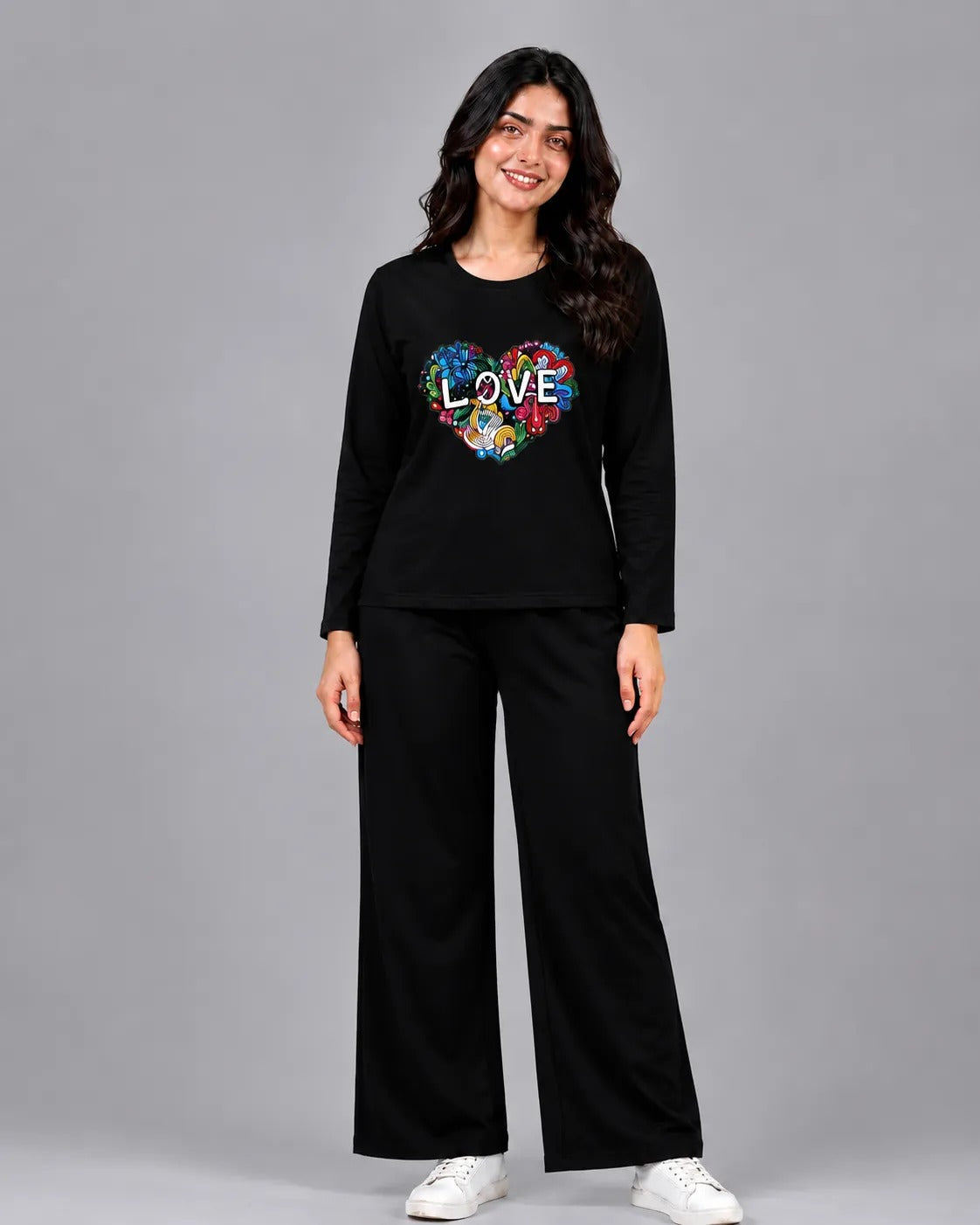 Women Round-Neck Lounge Wear | Love Color - Black