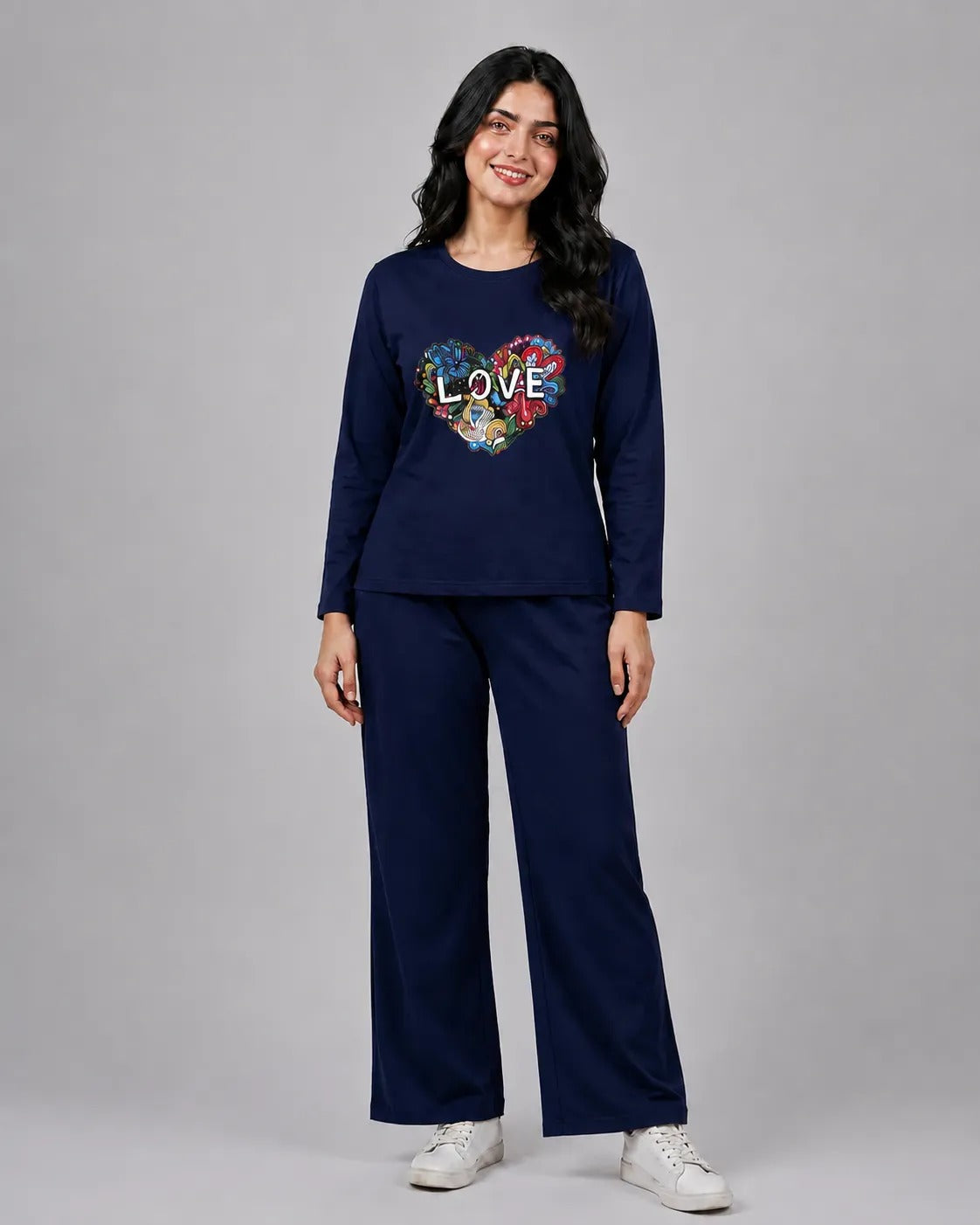 Women Round-Neck Lounge Wear | Love Color - Navy Blue