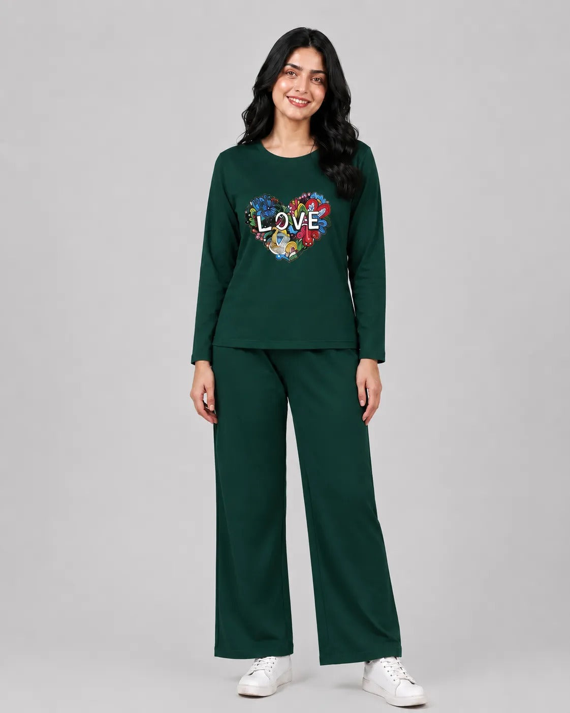 Women Round-Neck Lounge Wear | Love Color - Sherwood Green