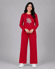 Women Round-Neck Lounge Wear | Flower - Red