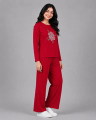 Women Round-Neck Lounge Wear | Flower - Red