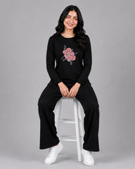 Women Round-Neck Lounge Wear | Flower - Black