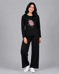 Women Round-Neck Lounge Wear | Flower - Black