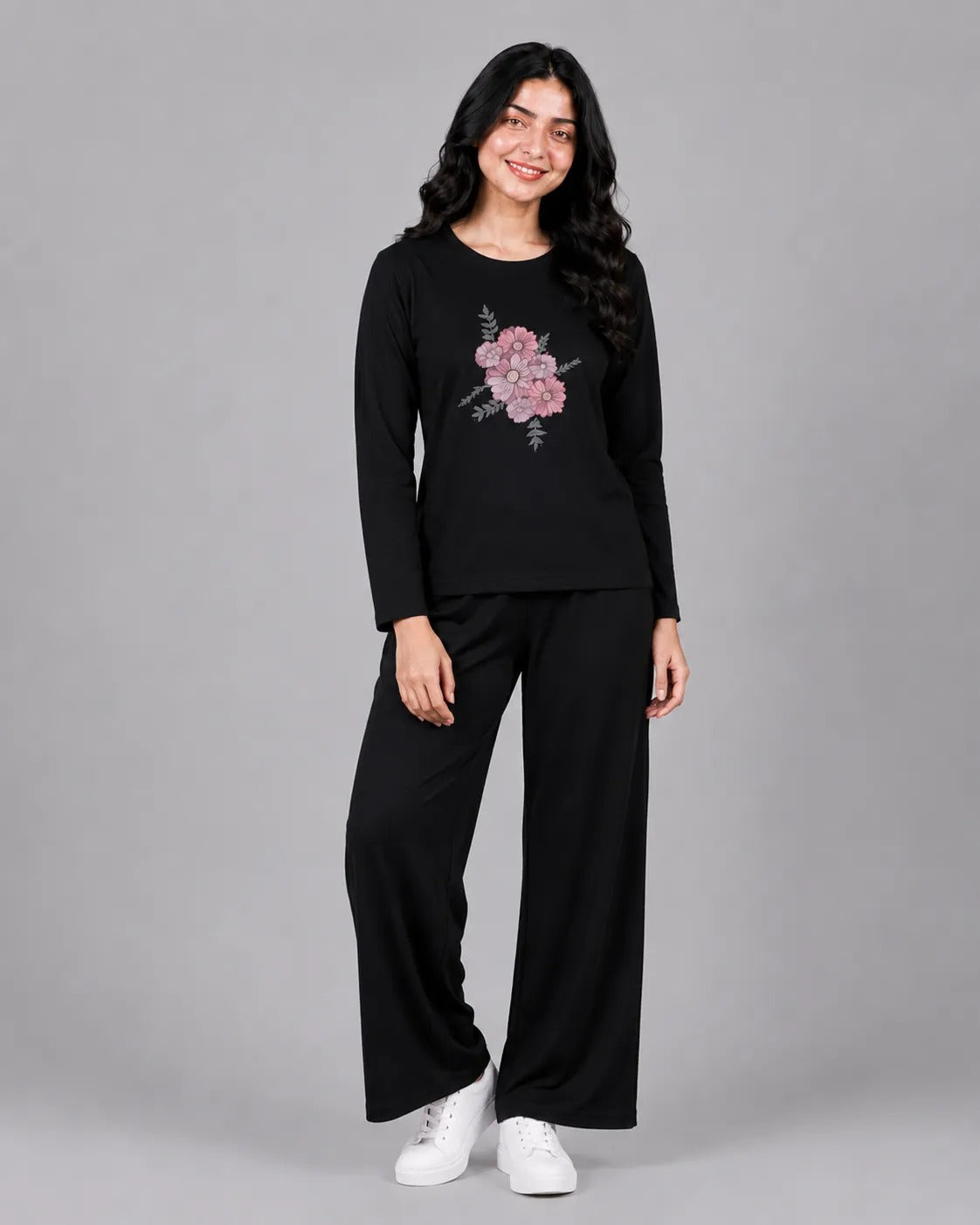 Women Round-Neck Lounge Wear | Flower - Black