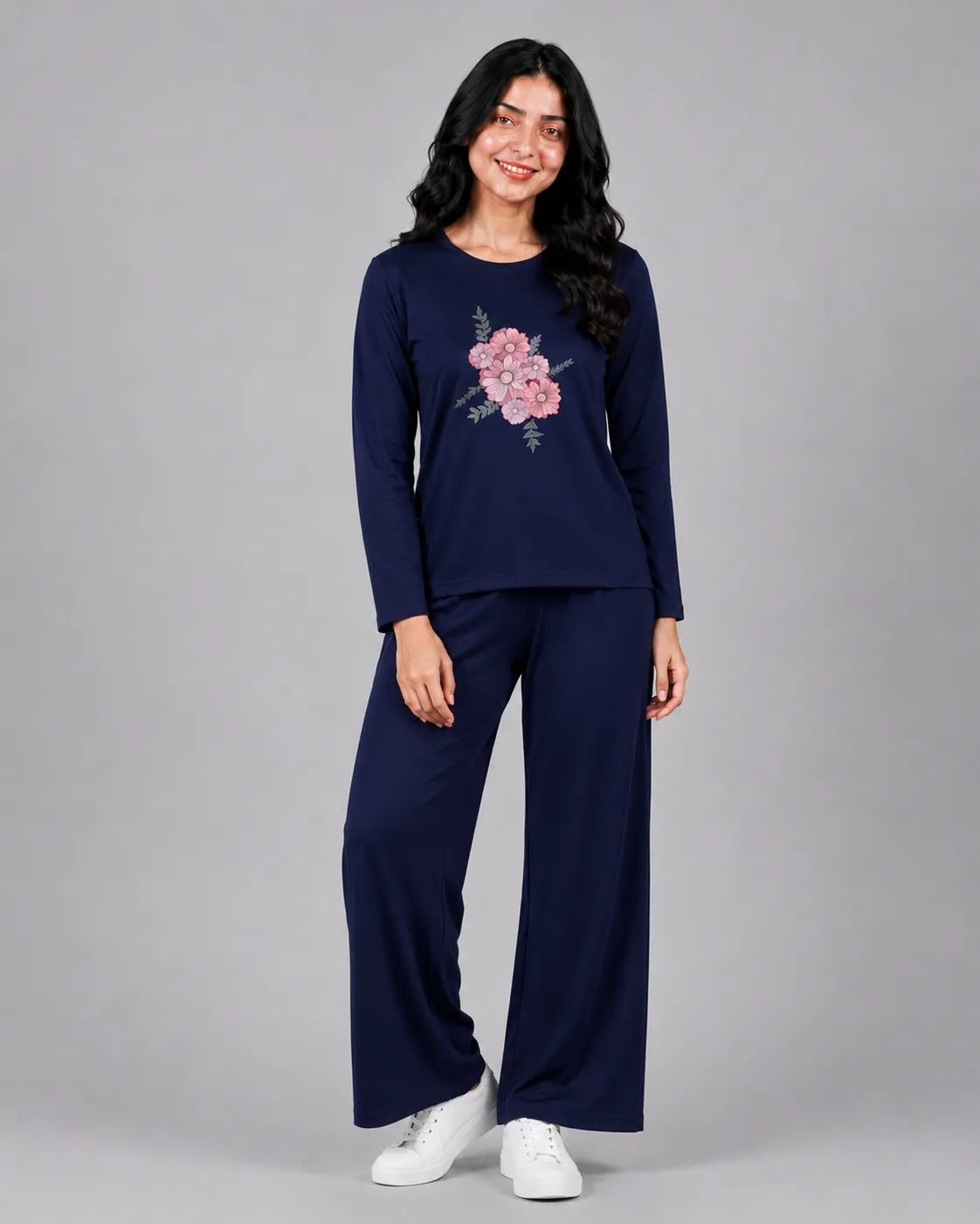 Women Round-Neck Lounge Wear | Flower - Navy Blue