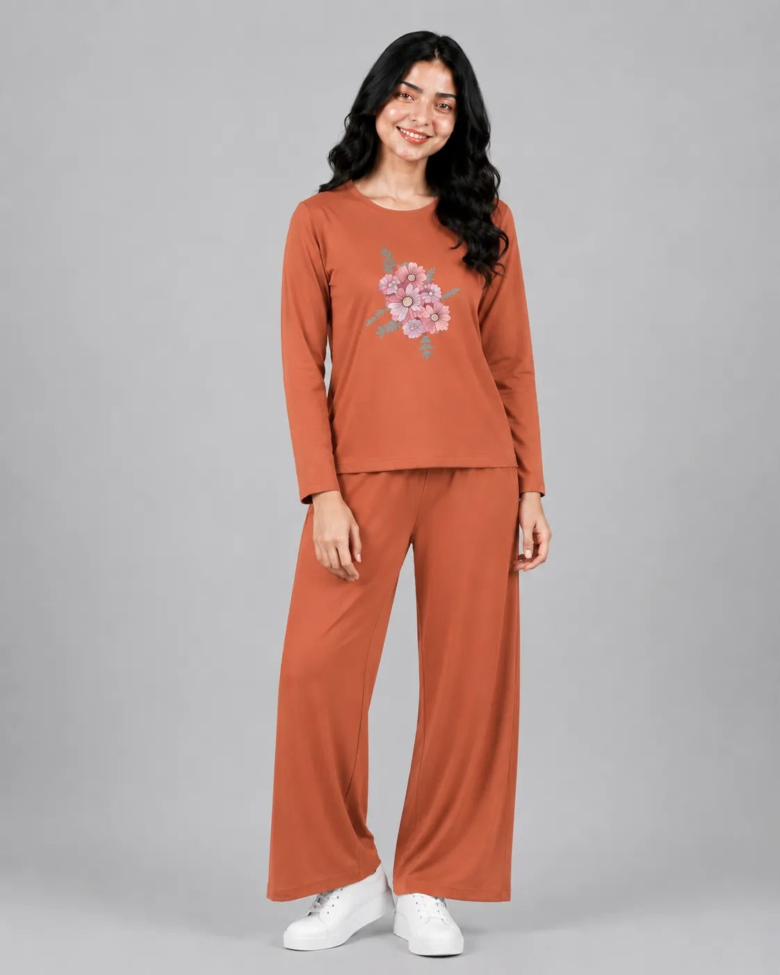 Women Round-Neck Lounge Wear | Flower - Rusty