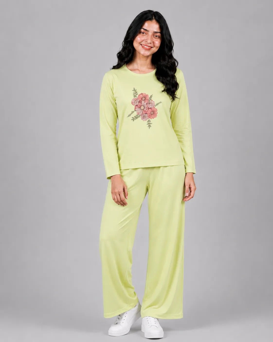 Women Round-Neck Lounge Wear | Flower - Lemon Yellow