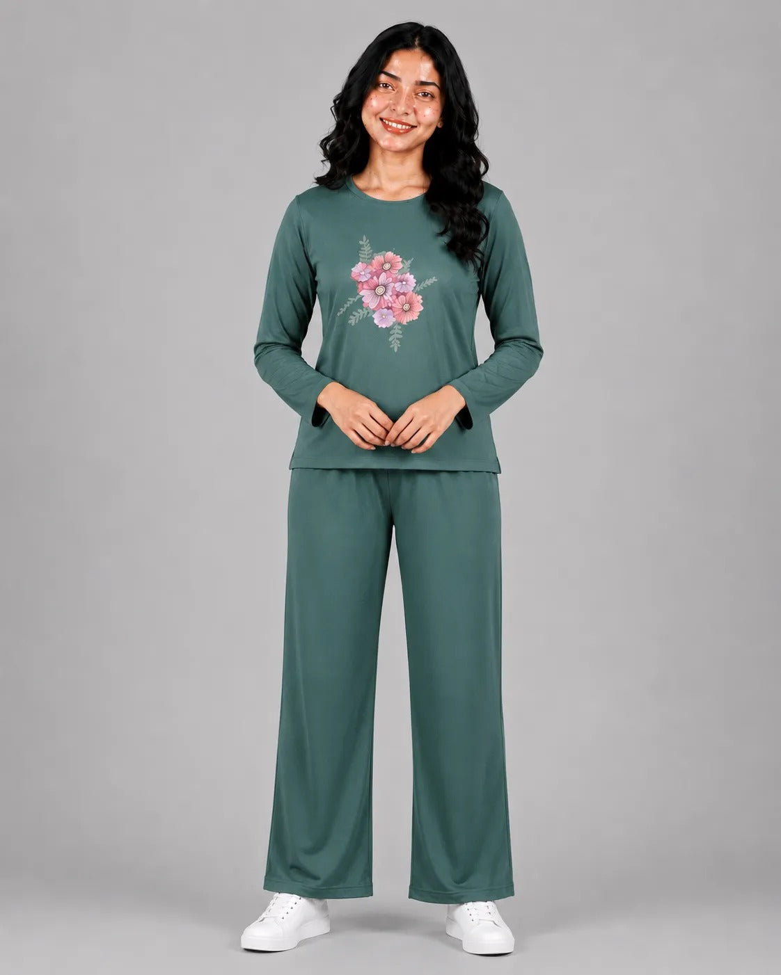 Women Round-Neck Lounge Wear | Flower - Sherwood Green