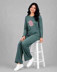 Women Round-Neck Lounge Wear | Flower - Sherwood Green