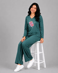 Women V-Neck Lounge Wear | Flower - Sherwood Green