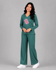 Women V-Neck Lounge Wear | Flower - Sherwood Green