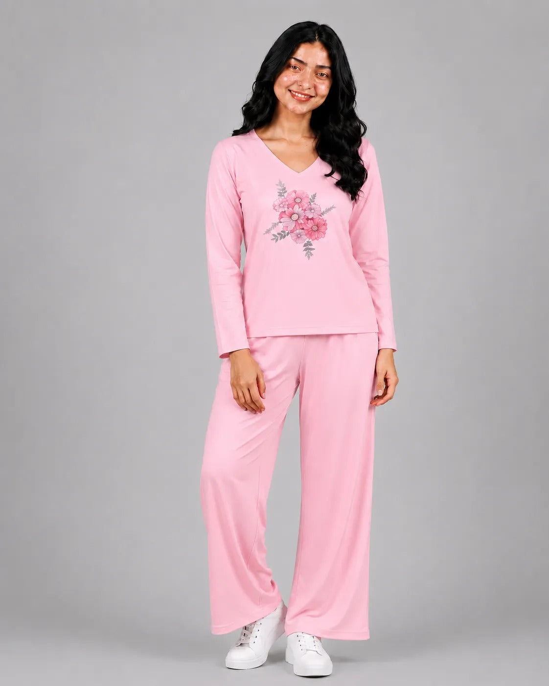 Women V-Neck Lounge Wear | Flower - Baby Pink