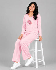Women V-Neck Lounge Wear | Flower - Baby Pink