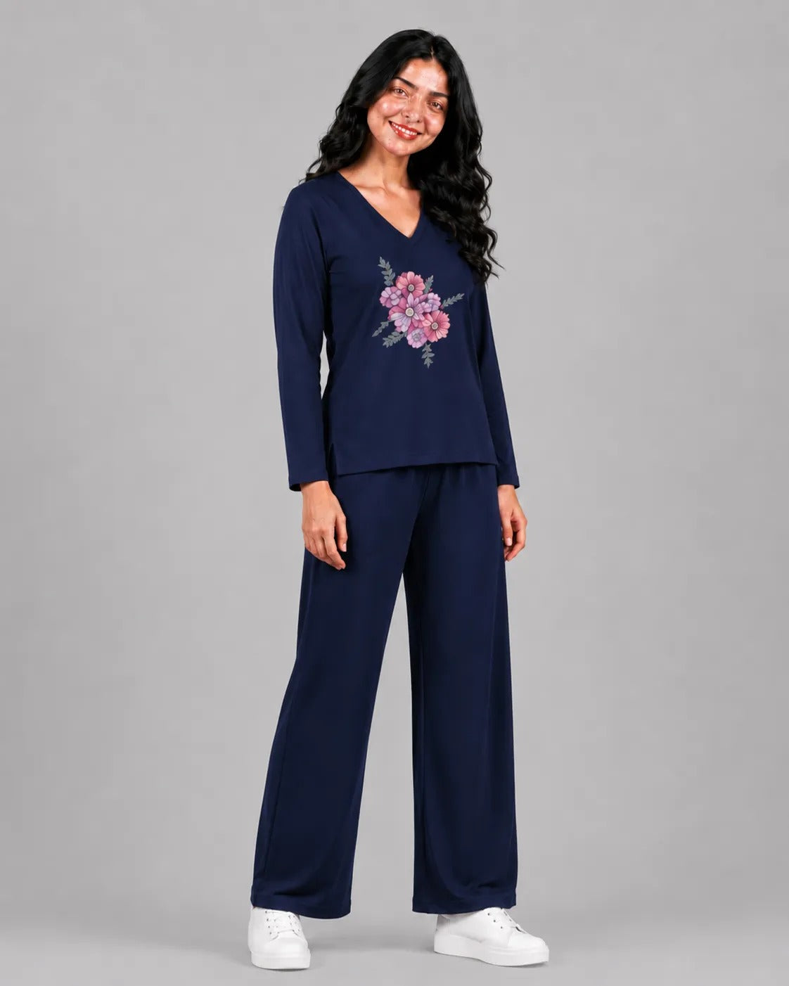 Women V-Neck Lounge Wear | Flower - Navy Blue