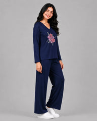 Women V-Neck Lounge Wear | Flower - Navy Blue