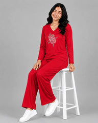 Women V-Neck Lounge Wear | Flower - Red