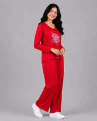 Women V-Neck Lounge Wear | Flower - Red