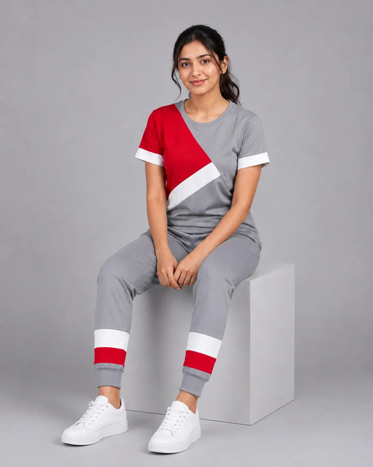 Urban Motion Color block Tracksuit – Grey & Red