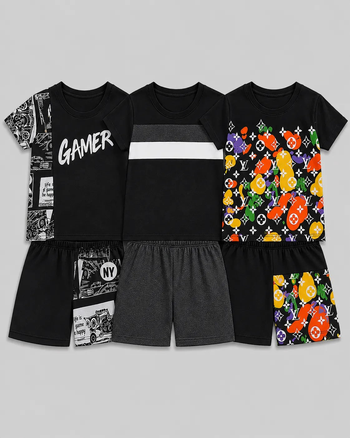Pack Of 3 Kids Short Set | Game On, Monochrome & LV Black