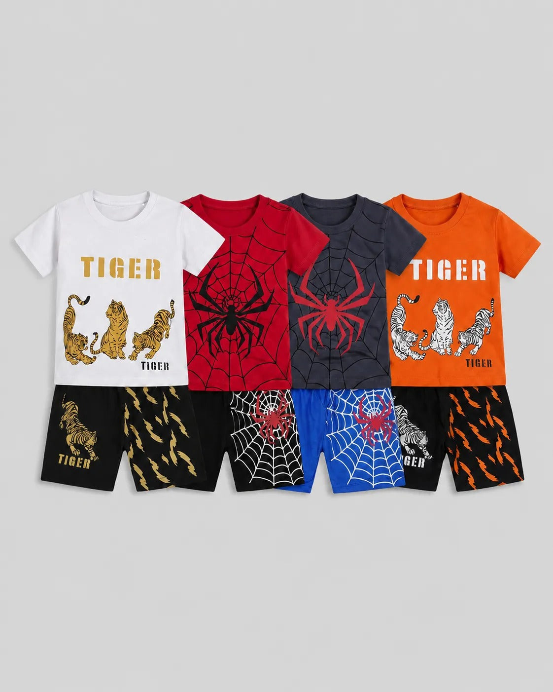 Pack Of 4 Kids Short Set | Orange & White Tiger, Grey & Red Spider