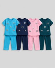 Pack Of 4 Kids Bow Pajama Set | Blue, Navy, Pink, Green