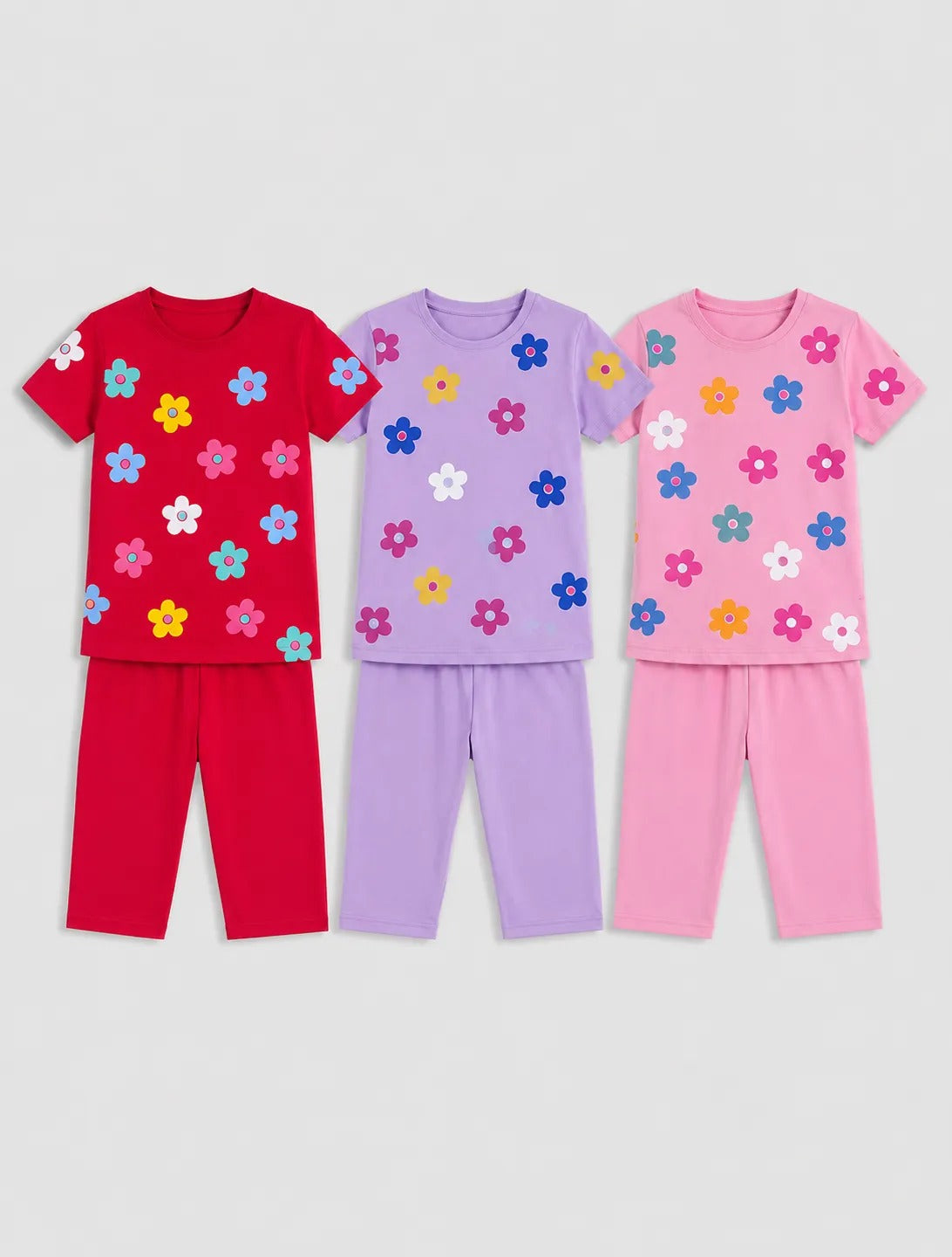 Pack Of 3 Kids Blossom Charm Pajama Set | Red, Purple & Pink