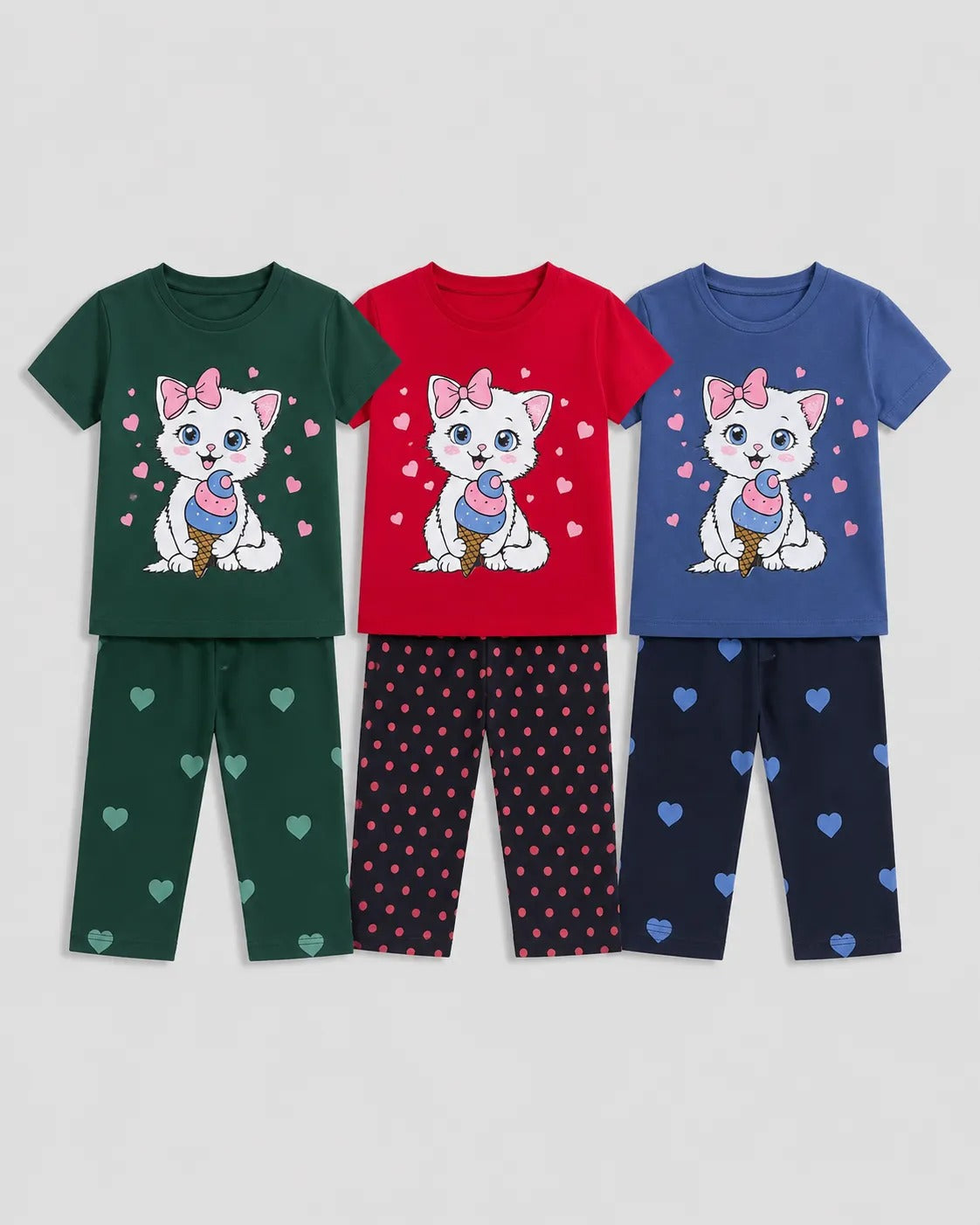 Pack Of 3 Kids Ice Cream Kitty Pajama Set | Green, Red & Blue