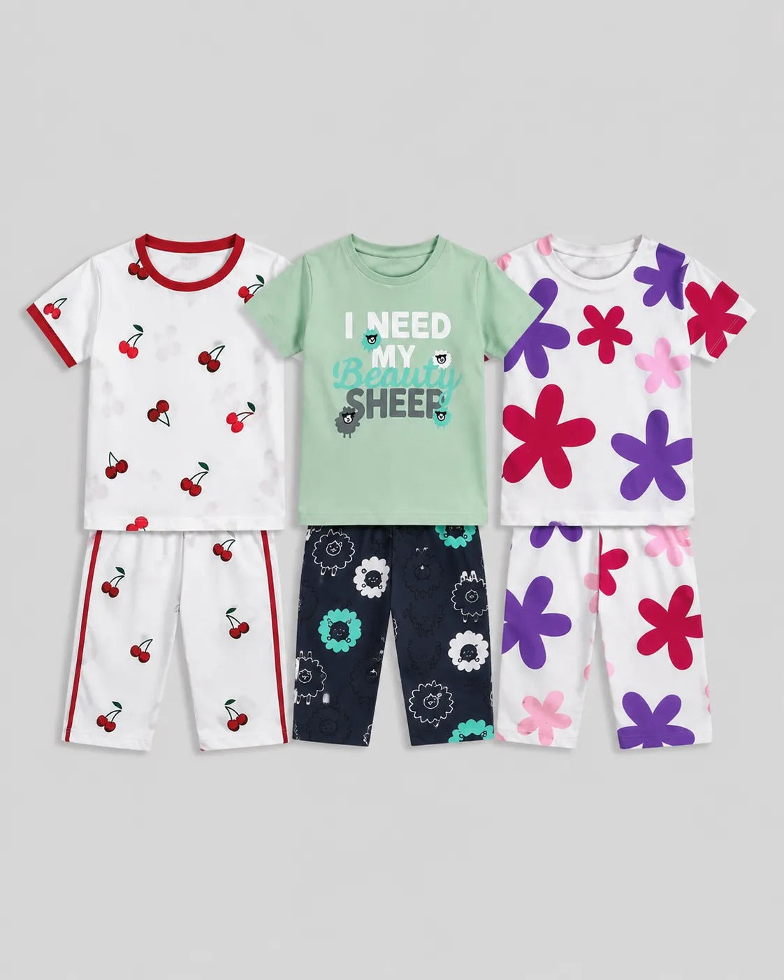 Pack Of 3 Kids Pajama Set | Cherry, Mint Sheep, Flora Fun