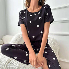 Black With White Heart Woman Pajama Set