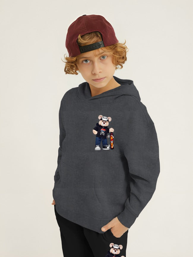 Bear Skateboard Printed Kids Hoodie Set