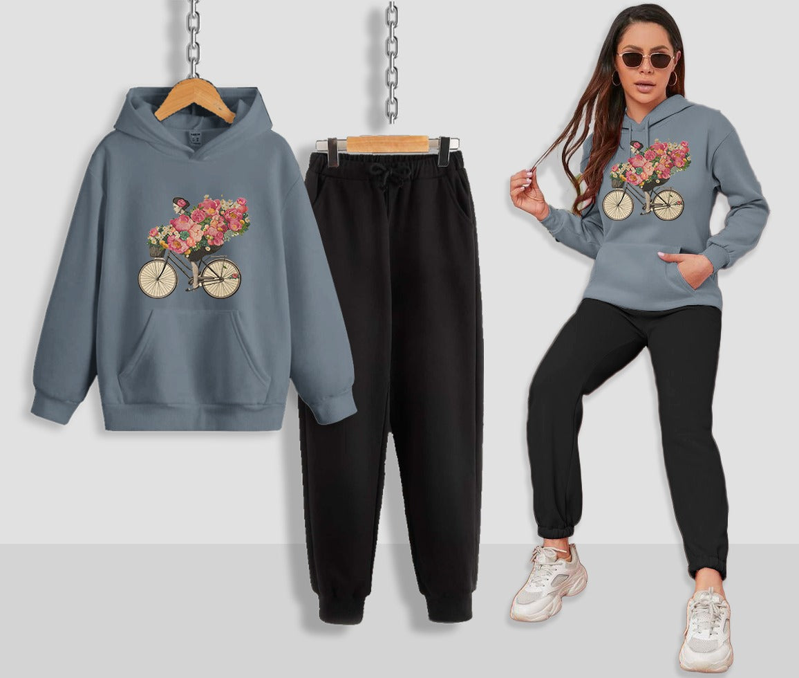 Floral Bicycle Printed Women Hoodie Set