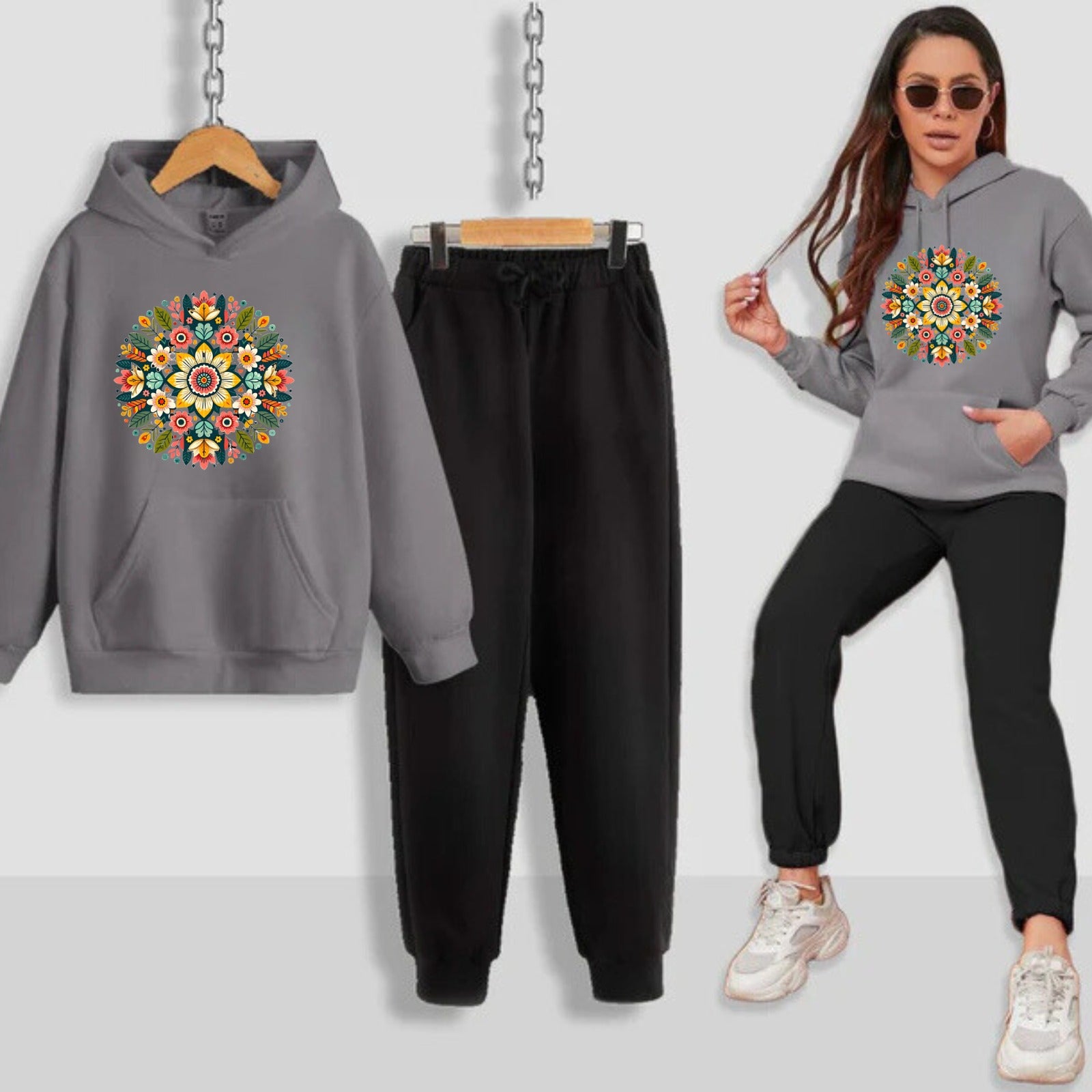 Multi Flower Pattern Printed Women Hoodie Set