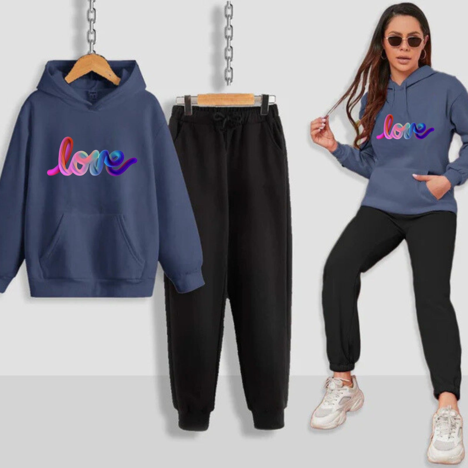 Multi Love Printed Women Hoodie Set