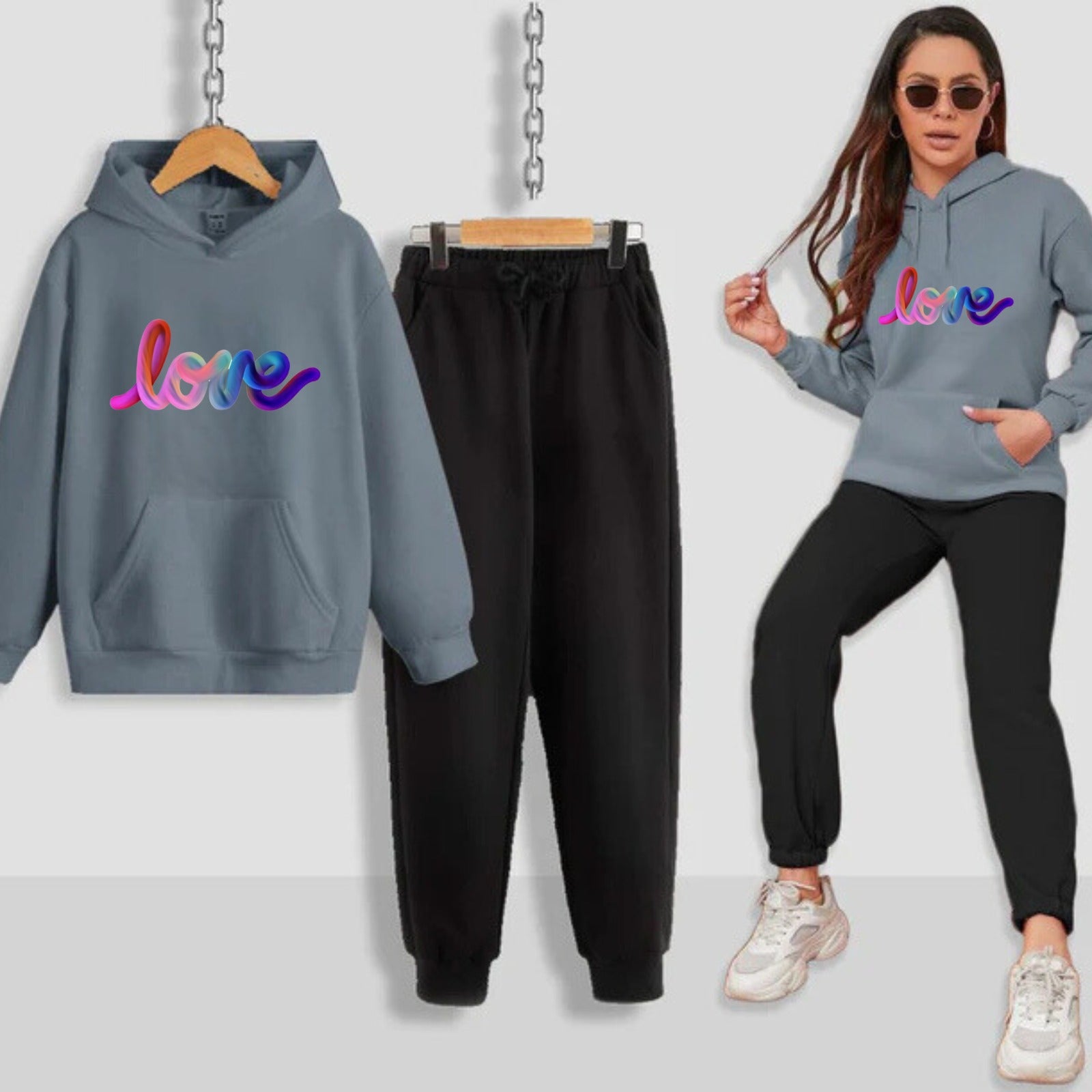 Multi Love Printed Women Hoodie Set