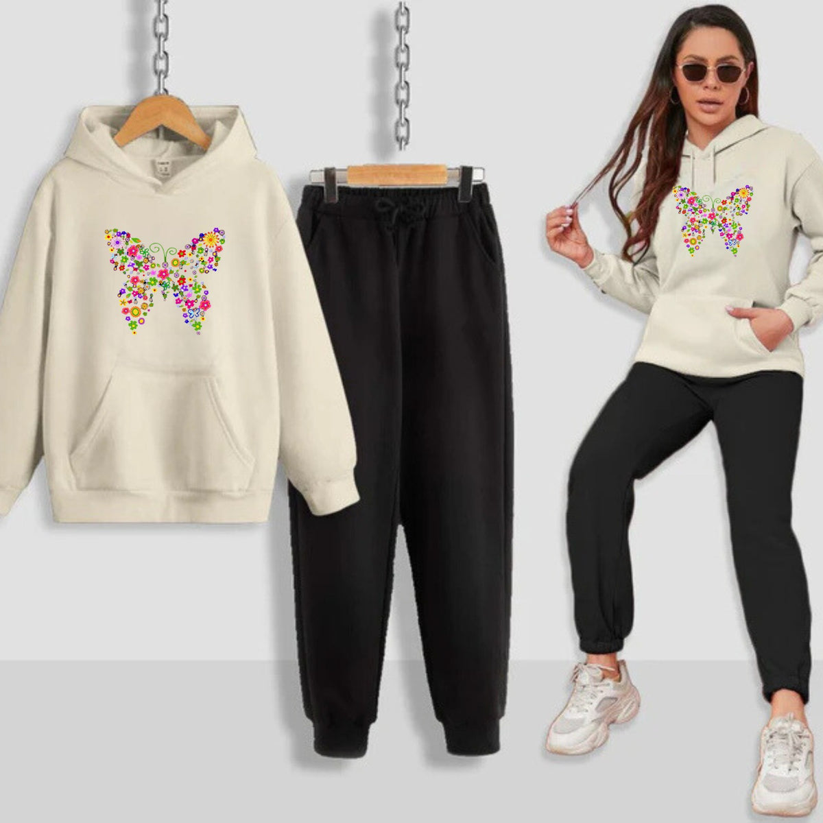 Multi Butterfly Printed Women Hoodie Set